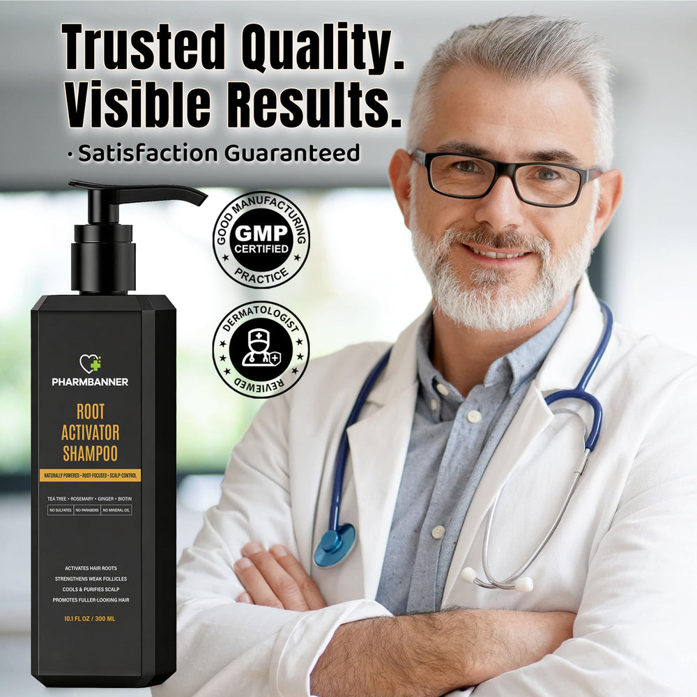 PHARMBANNER Root Activator Shampoo for Men packaging shows compact bottle ideal for travel.