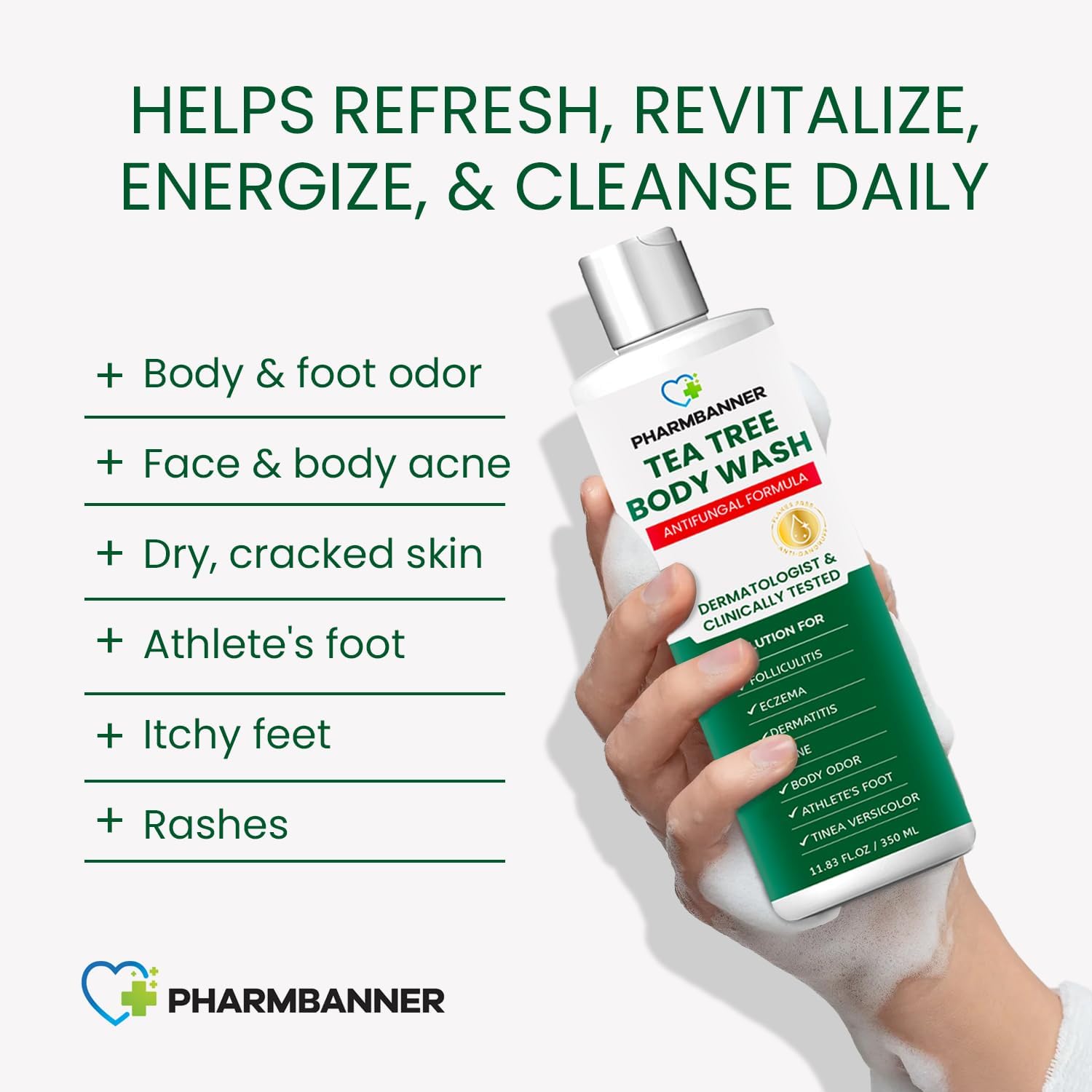 PHARMBANNER Tea Tree body wash packaging highlights natural ingredients