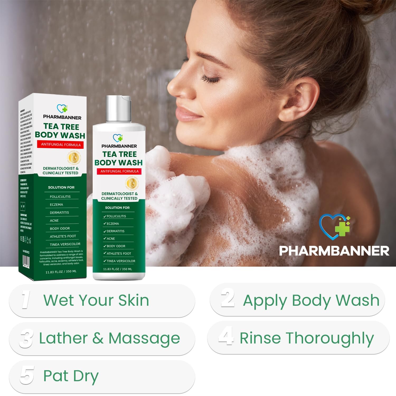 PHARMBANNER Tea Tree ingredients panel emphasizes tea tree oil benefits