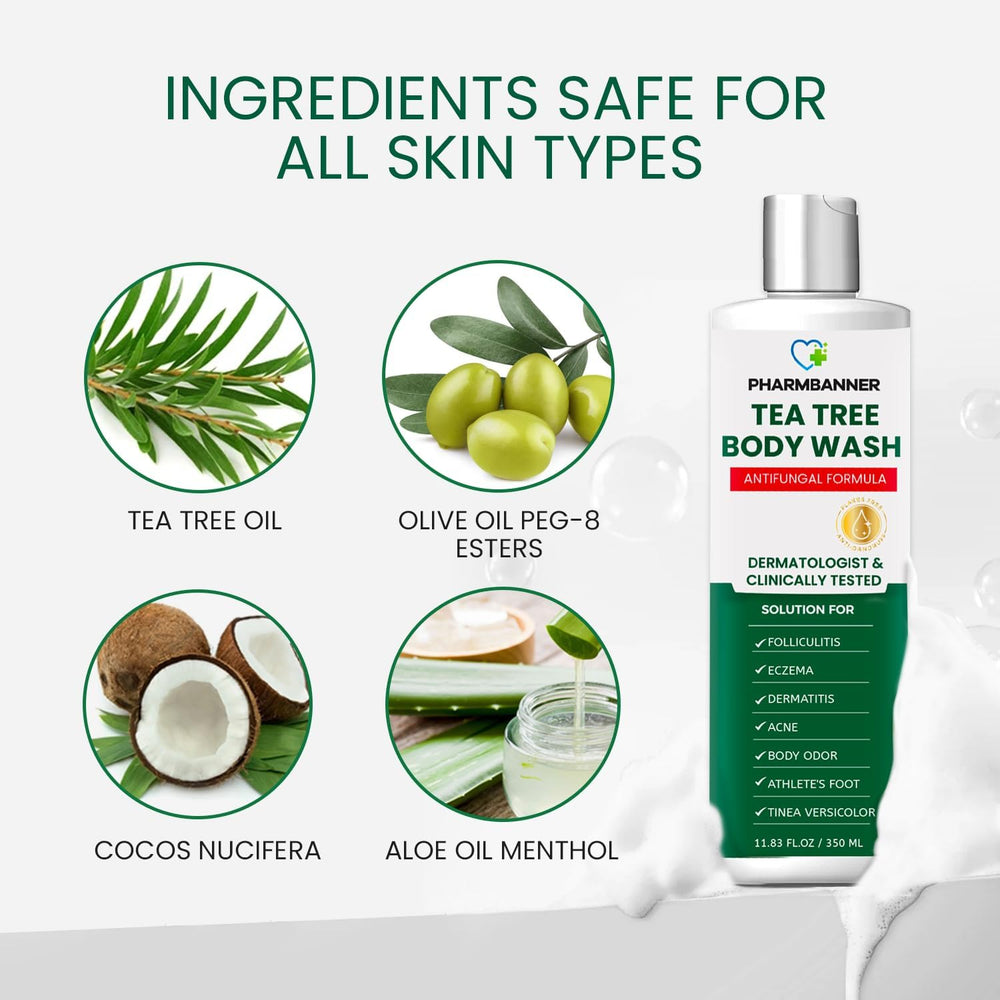 PHARMBANNER Tea Tree in shower scene indicates convenient head-to-toe care