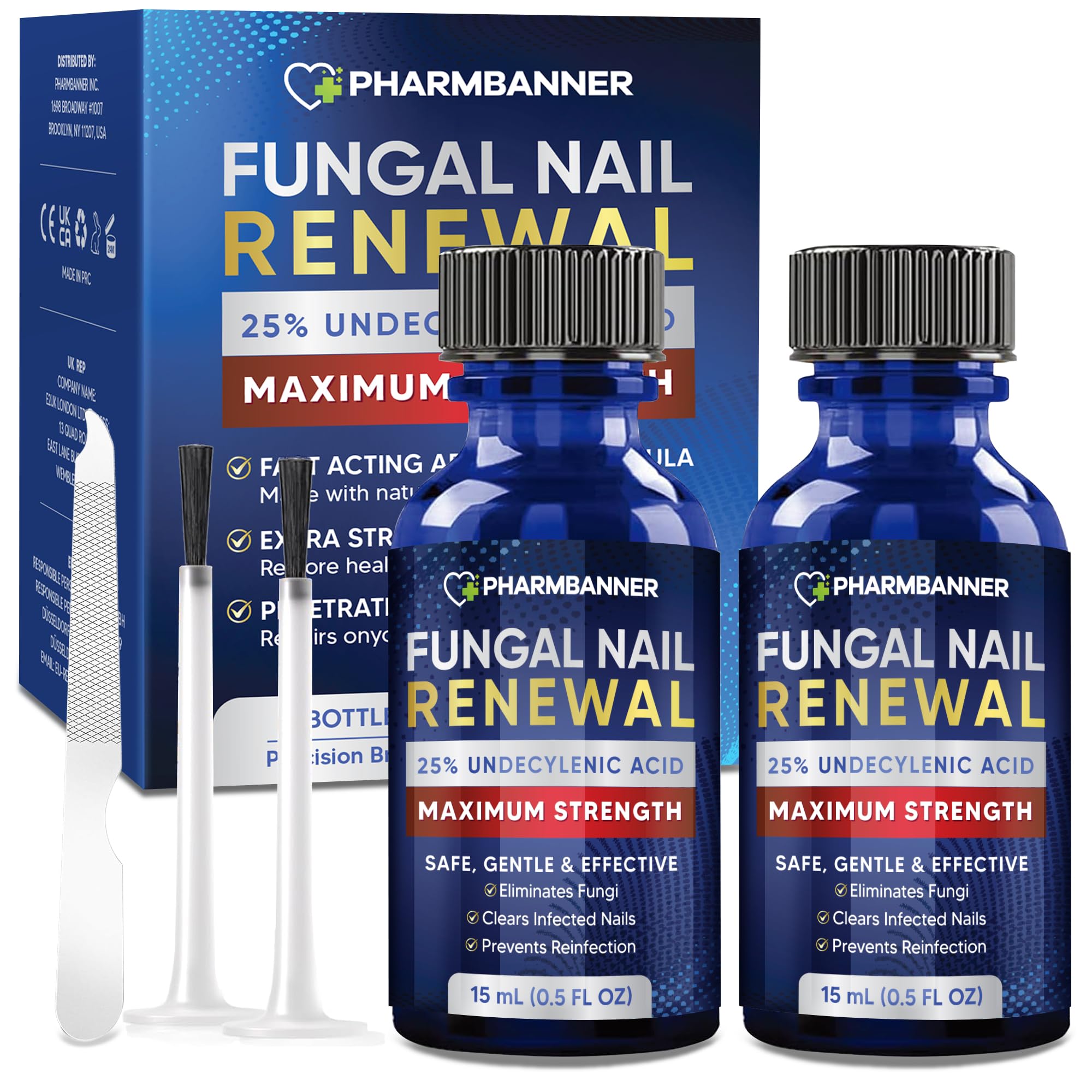 PHARMBANNER bottle of toenail fungus treatment highlighting the 25% undecylenic acid formula.