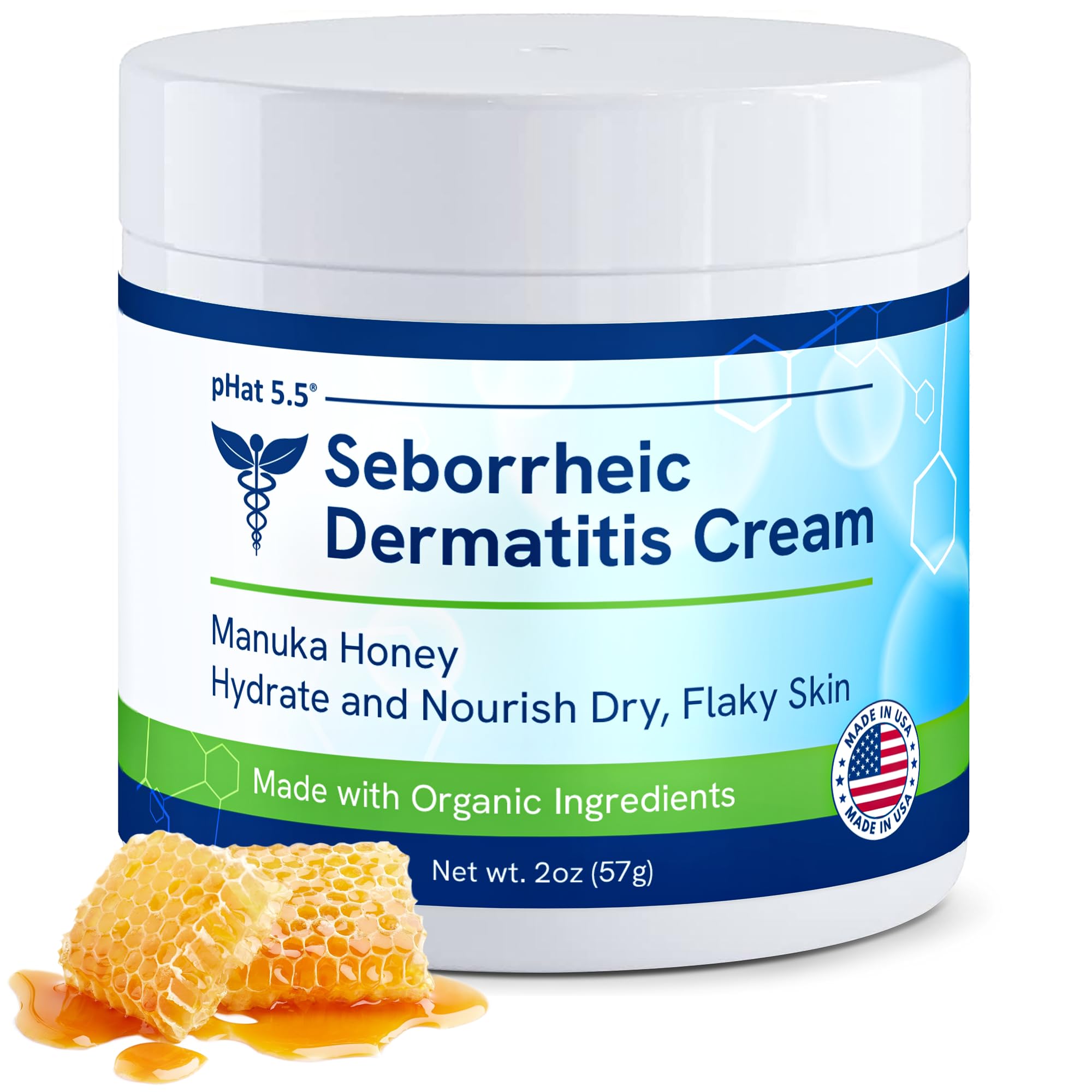 pHat 5.5 crema hidratante en frasco de 2 onzas para dermatitis seborreica.