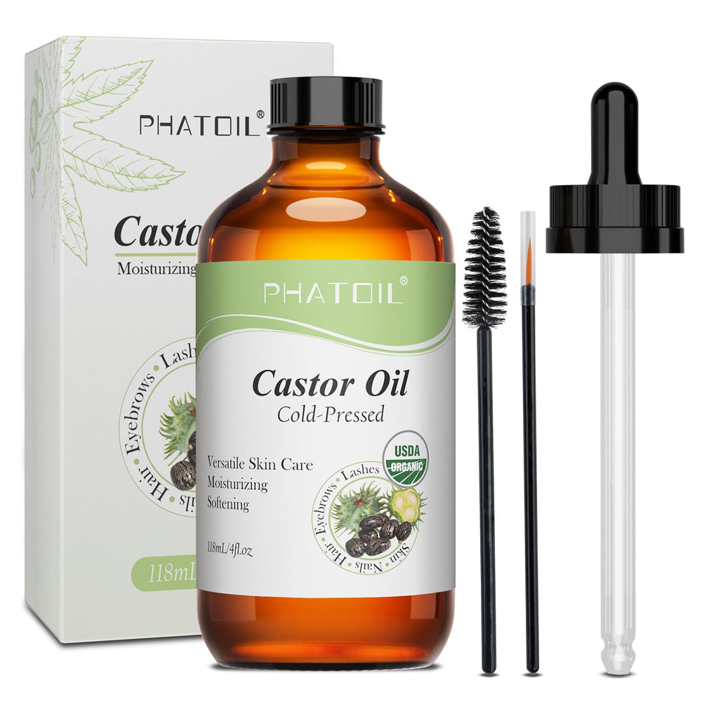 PHATOIL Aceite de ricino orgánico en botella de vidrio, pureza para piel y cabello.