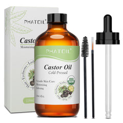 PHATOIL Aceite de ricino orgánico en botella de vidrio, pureza para piel y cabello.