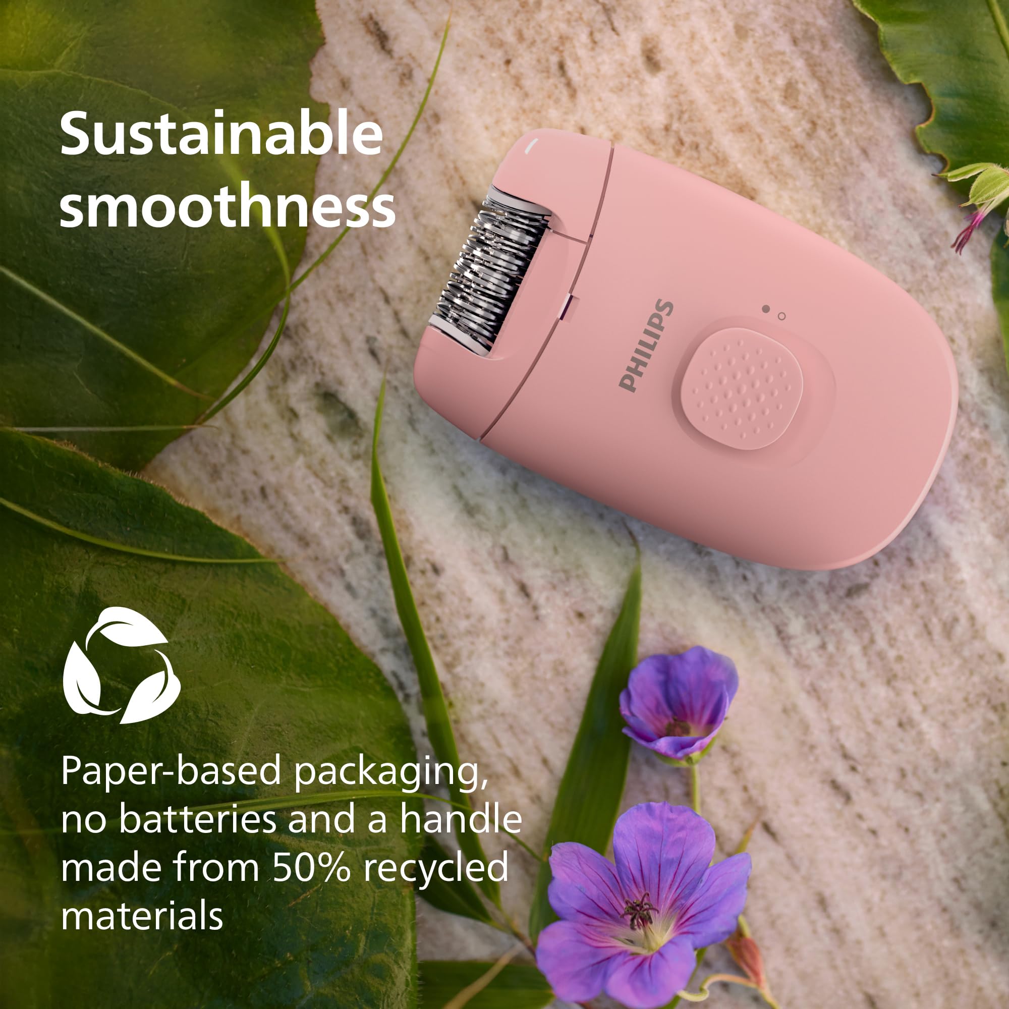 Environmentally conscious packaging and recycled-material handle reduce waste