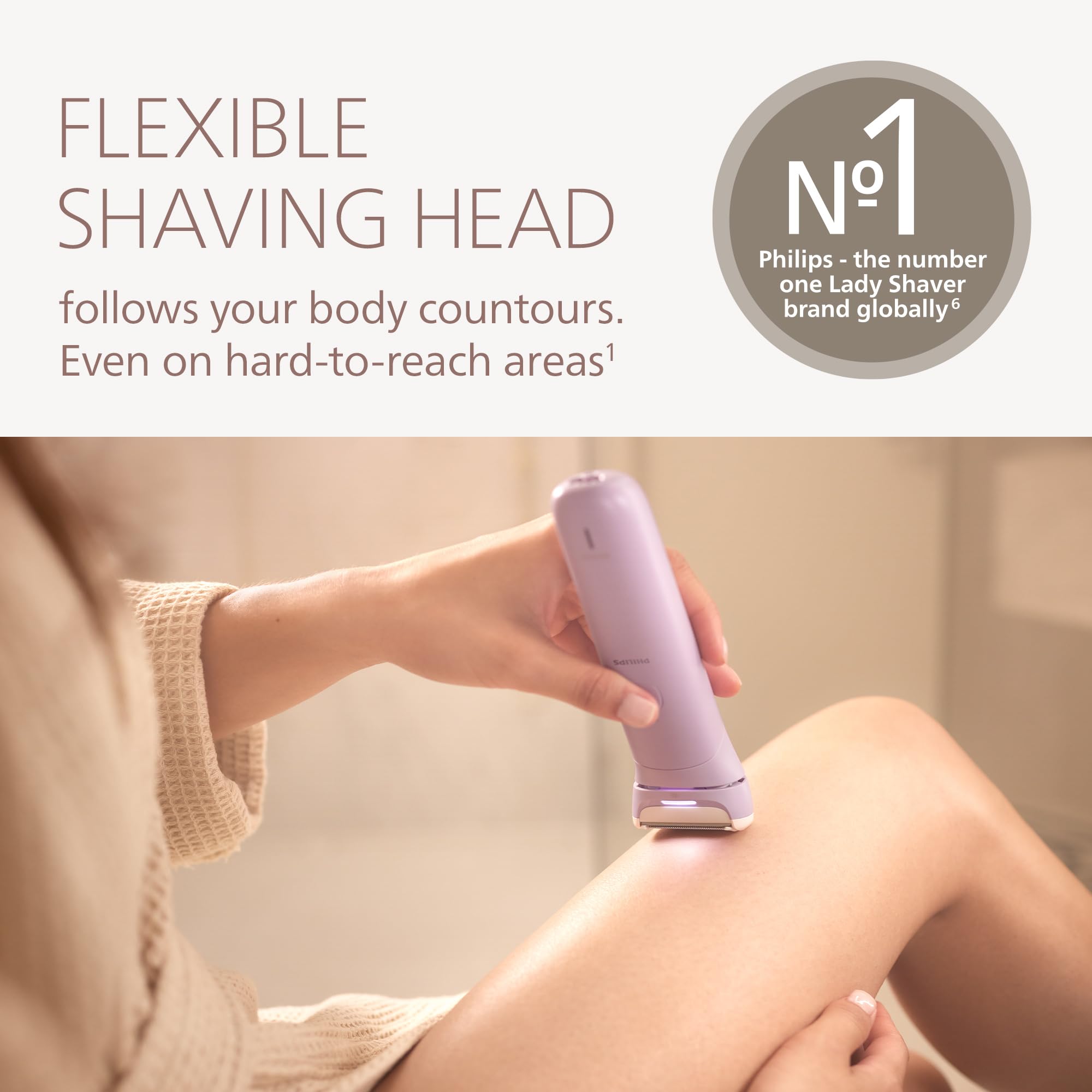 Shaver ready for wet and dry use in shower settings.