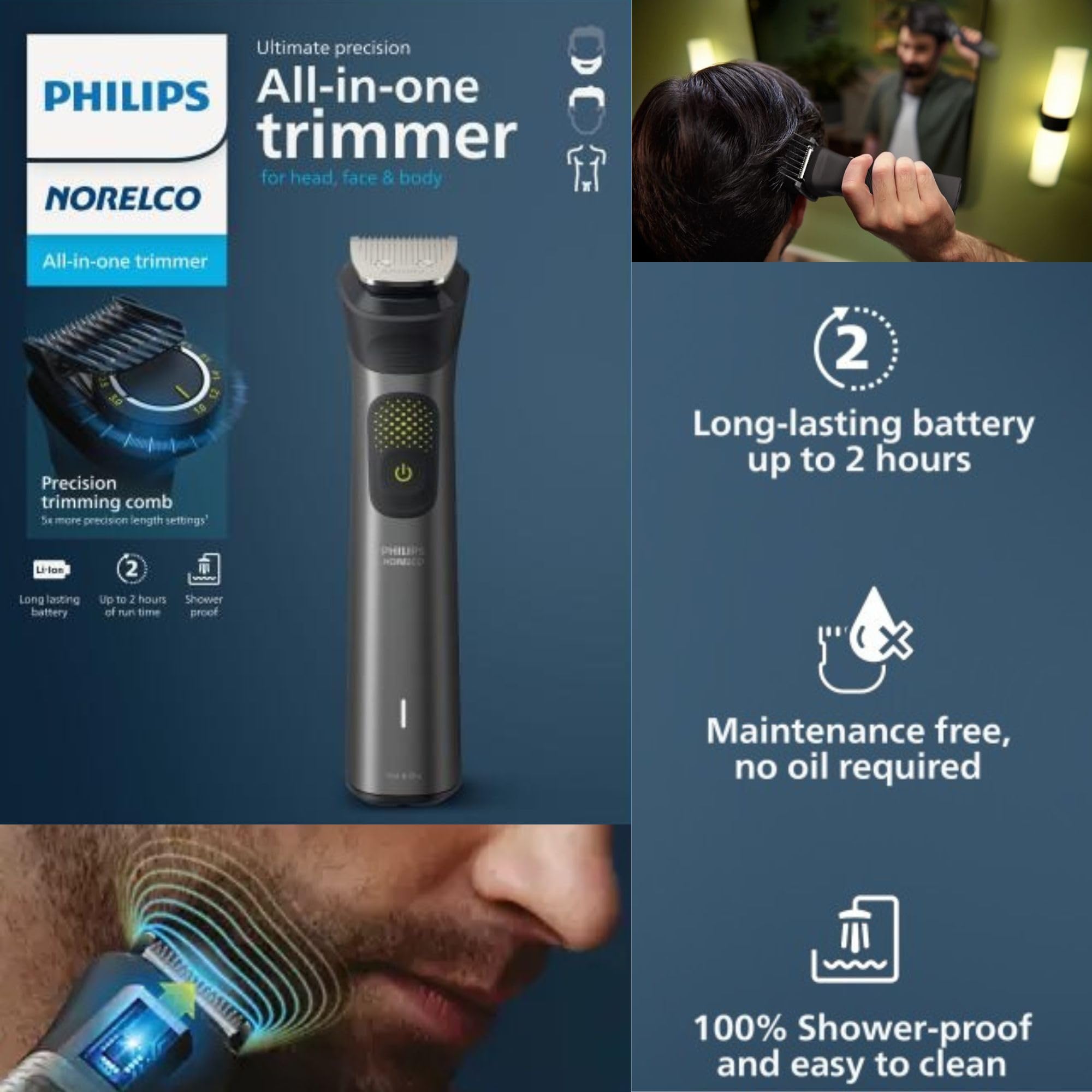 Long-lasting 120-minute battery power in Philips Multigroom 9000