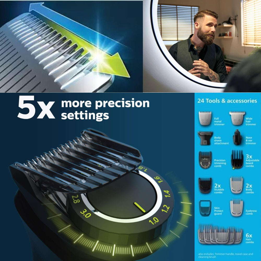 Ergonomic grip Philips Multigroom 9000 in action for complete grooming