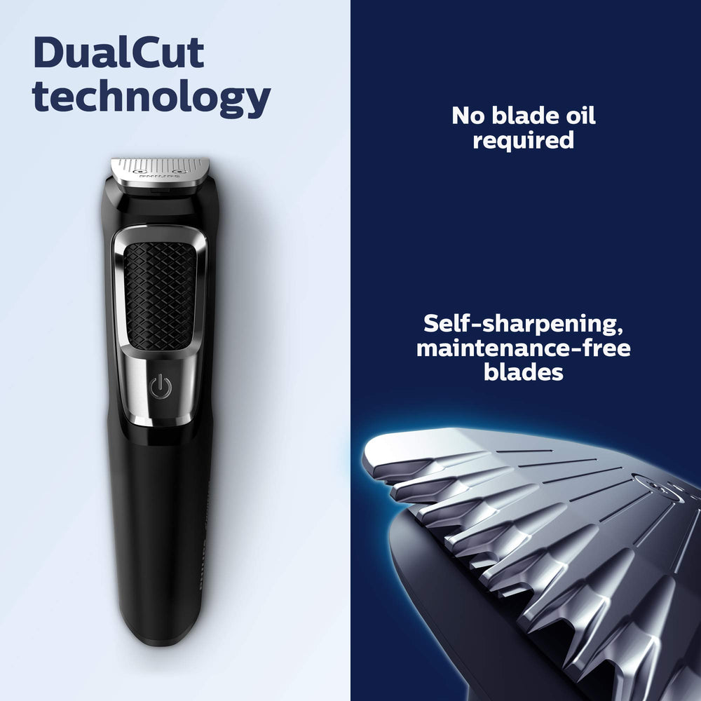Philips Norelco Multigroom 3000 dualcut blades deliver long-lasting sharpness.