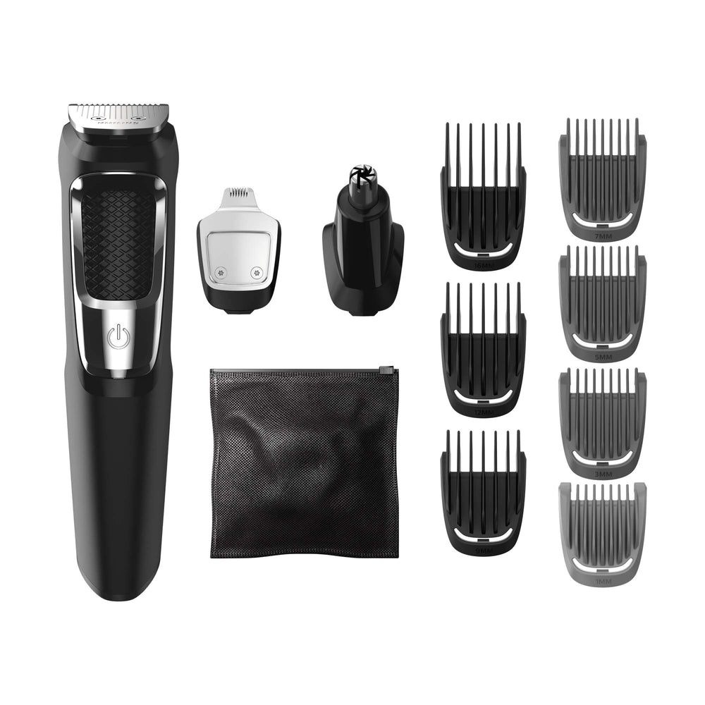 Philips Norelco Multigroom 3000 front view showing versatile grooming with steel blades.
