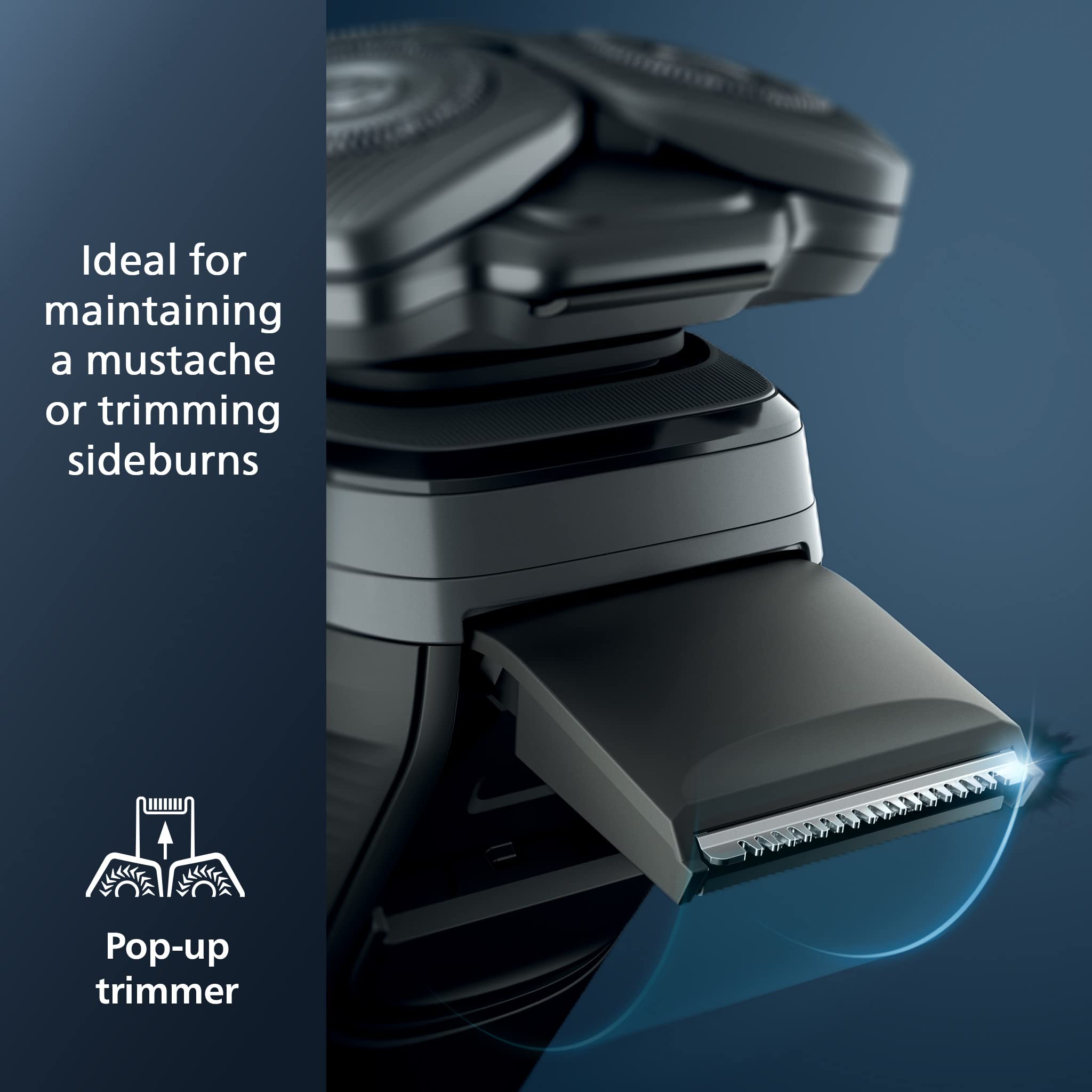 Philips Norelco Shaver 7300 pop-up-trimmer for detailing mustache and sideburns.