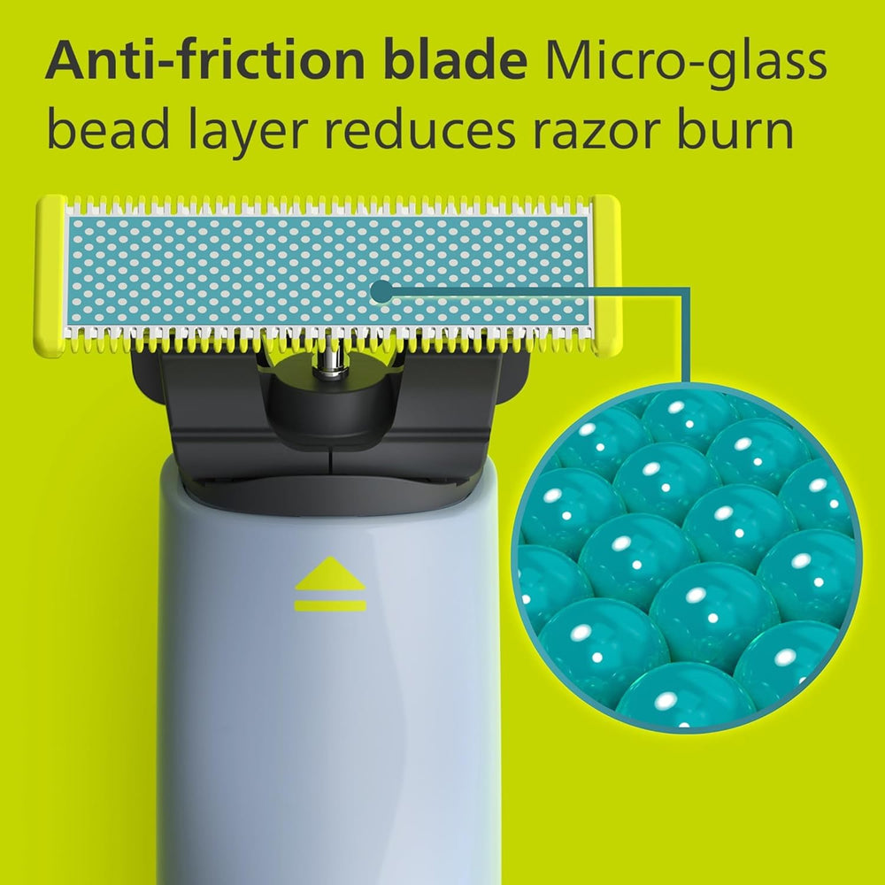 Philips OneBlade First Shave anti-friction blade close-up showing smooth glide and skin protection.