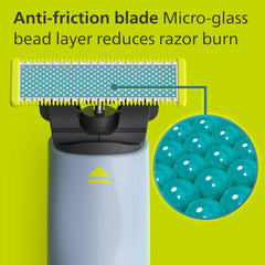 Philips OneBlade First Shave anti-friction blade close-up showing smooth glide and skin protection.