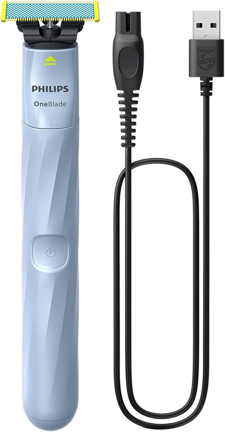 Philips OneBlade First Shave USB charging cable included for charging at home or on the go.