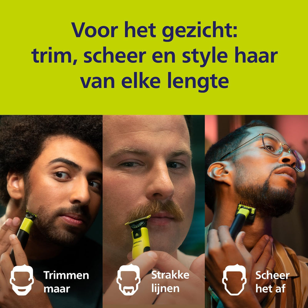 Philips OneBlade trims and edges for precise styling of facial hair.