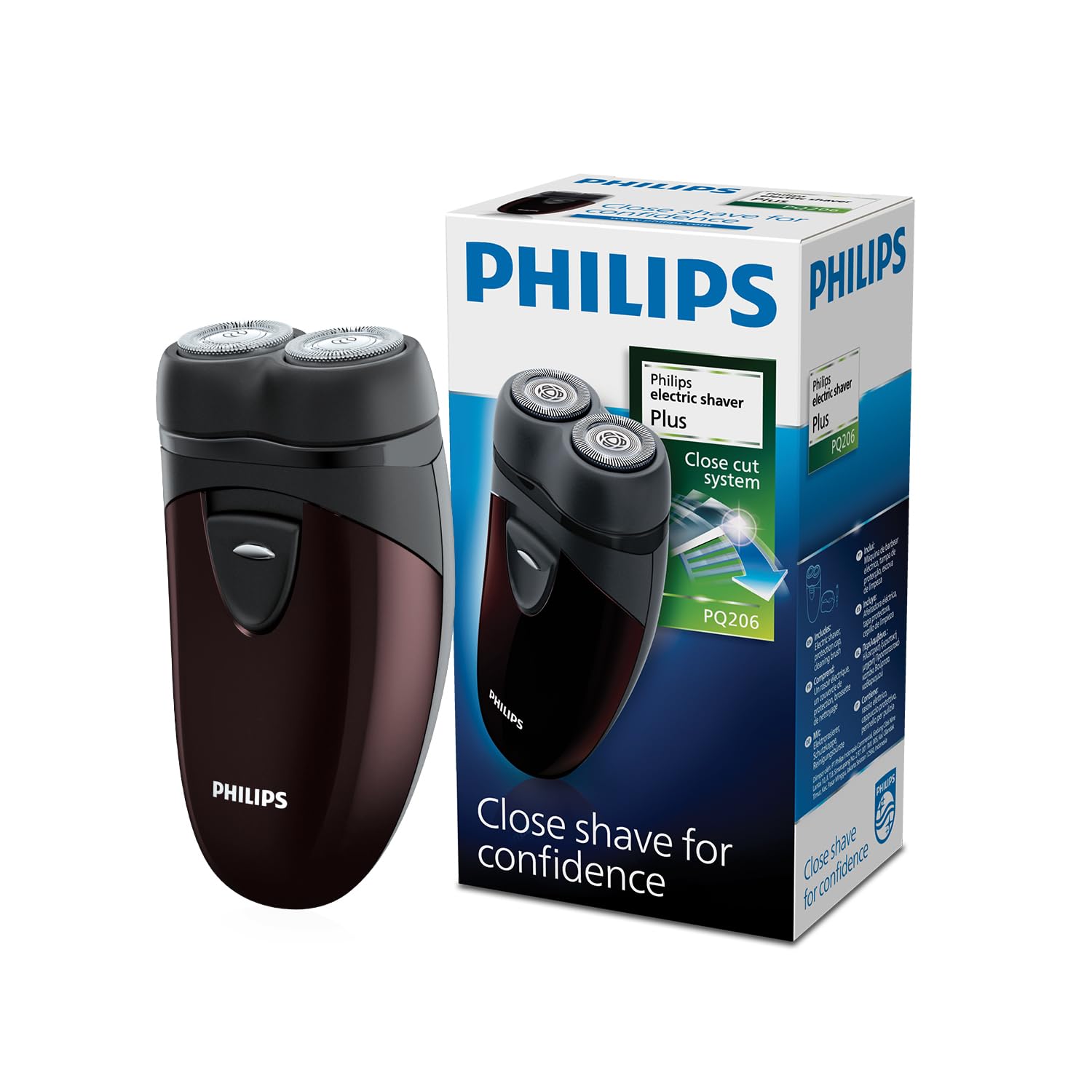 Philips PQ206 shaver front view showcases portable cordless design