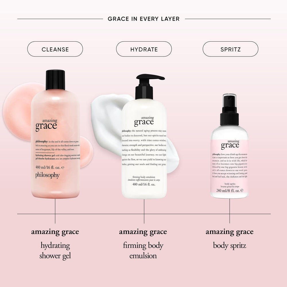 Philosophy Amazing Grace body spritz on skin suggesting lightweight moisture and scent