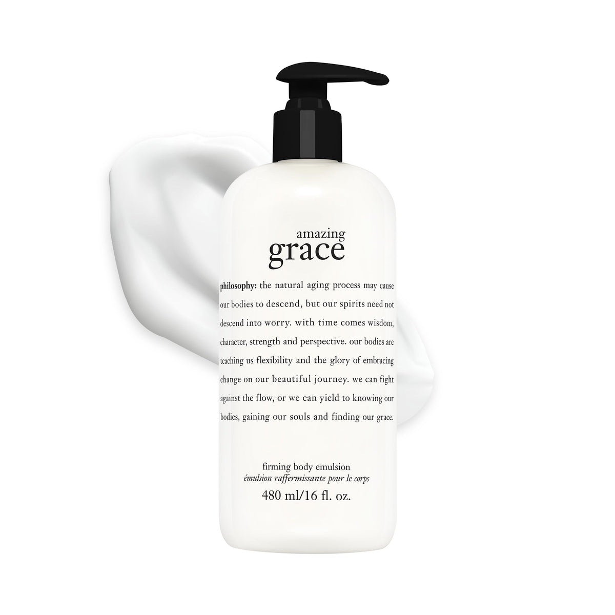 Philosophy Amazing Grace firming body emulsion bottle showcases bergamot and muguet notes for daily hydration.