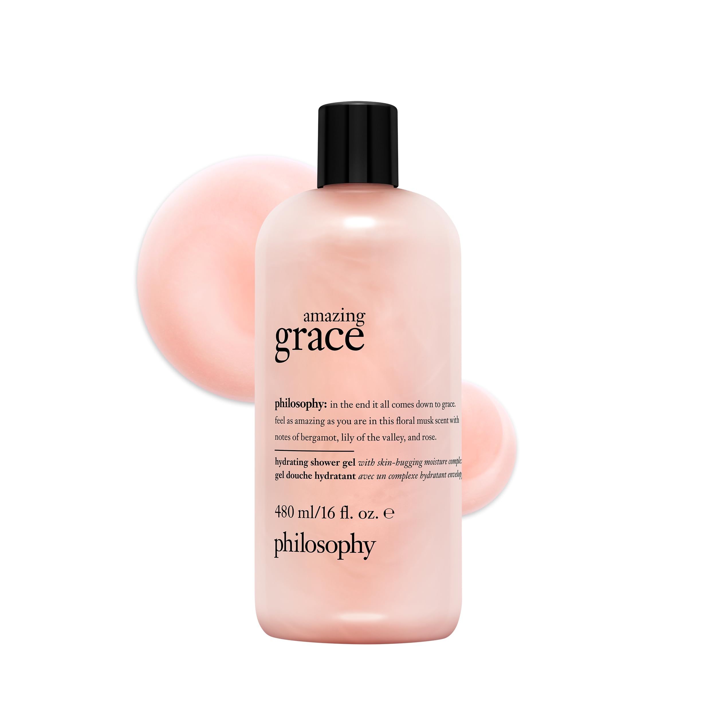 Philosophy Amazing Grace shower gel bottle-front displays iconic packaging for luxurious cleanse and hydration