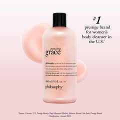 Philosophy Amazing Grace shower gel bottle-side highlights the slim profile ideal for bathroom shelves