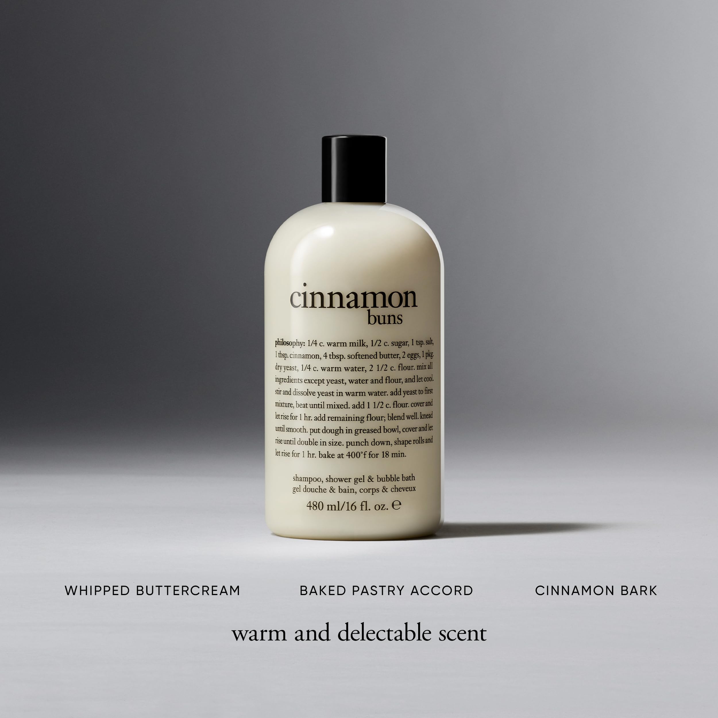 Philosophy Cinnamon Bun bubble bath drizzle for a relaxing soak.