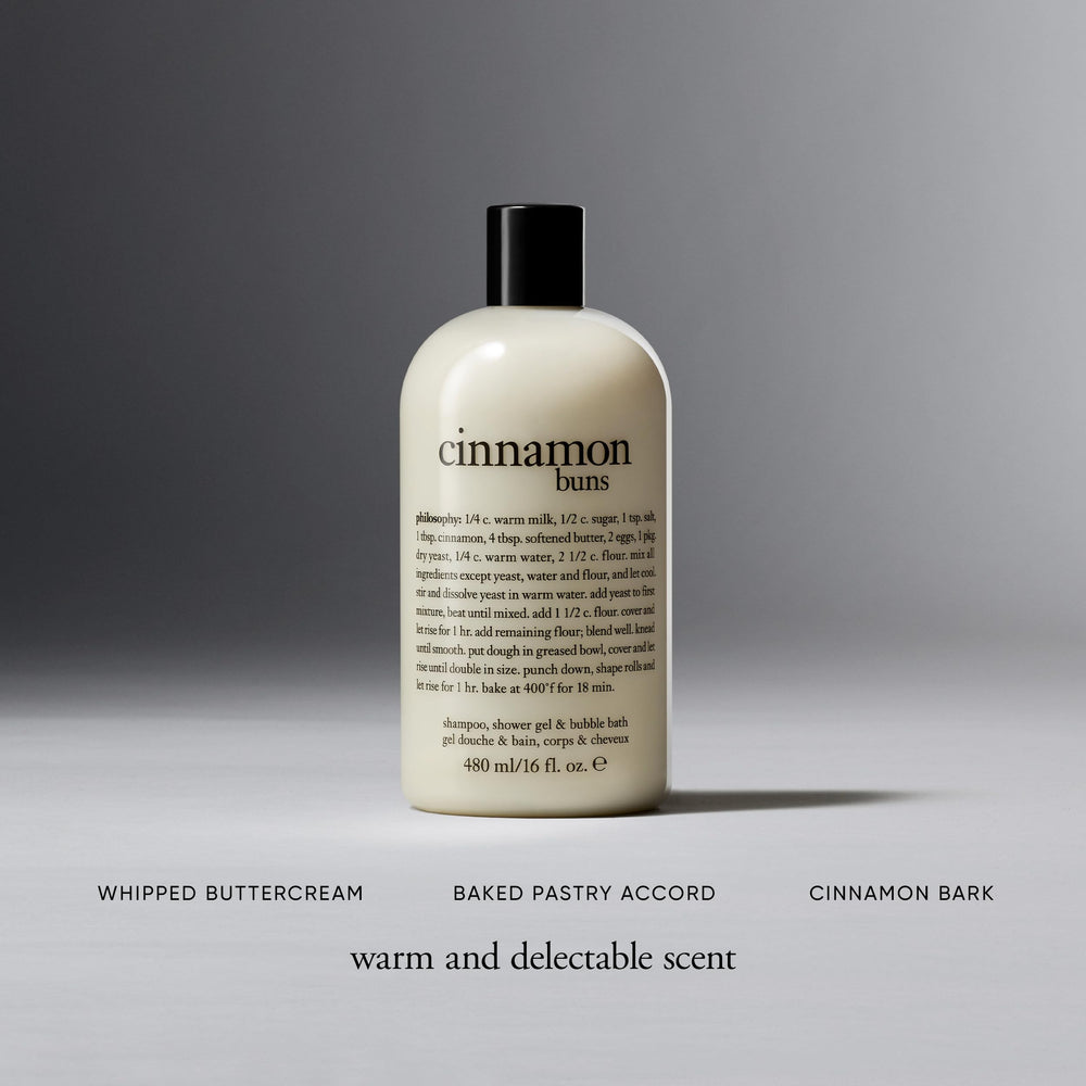 Philosophy Cinnamon Bun bubble bath drizzle for a relaxing soak.