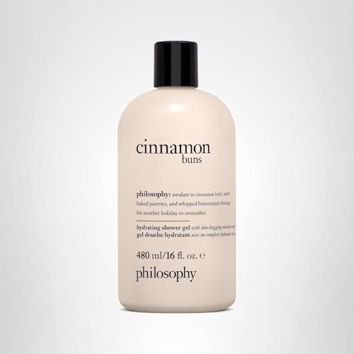 Philosophy cinnamon bun product on matte surface presented as part of daily routine.