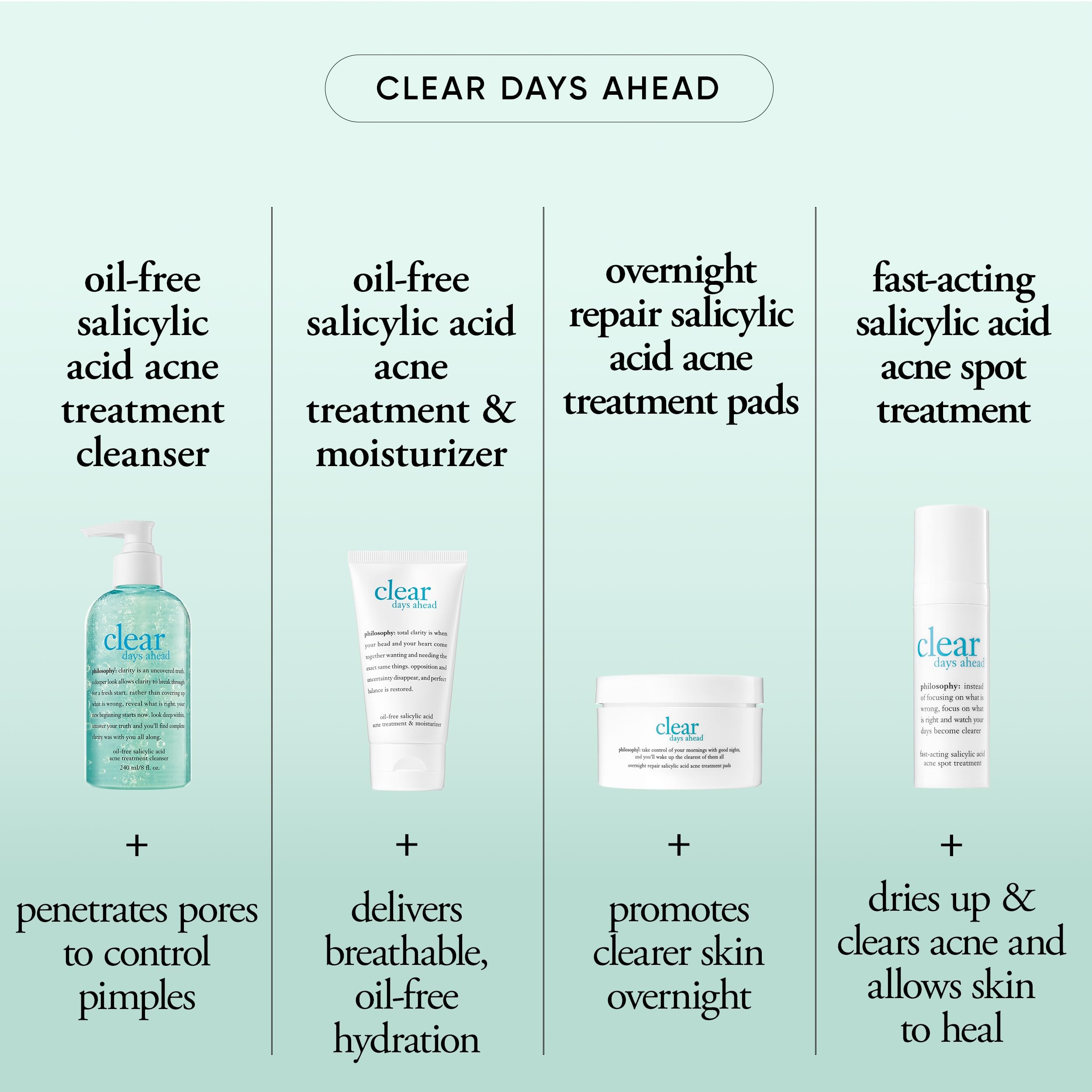 philosophy Clear Days Ahead cleanser label detail highlights ingredients and oil-free action
