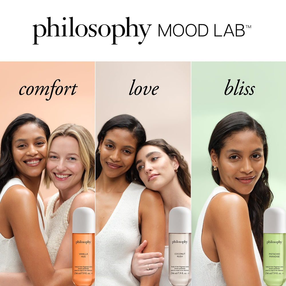 Philosophy Coconut Rush fragrance mist on display provides refreshing scent.