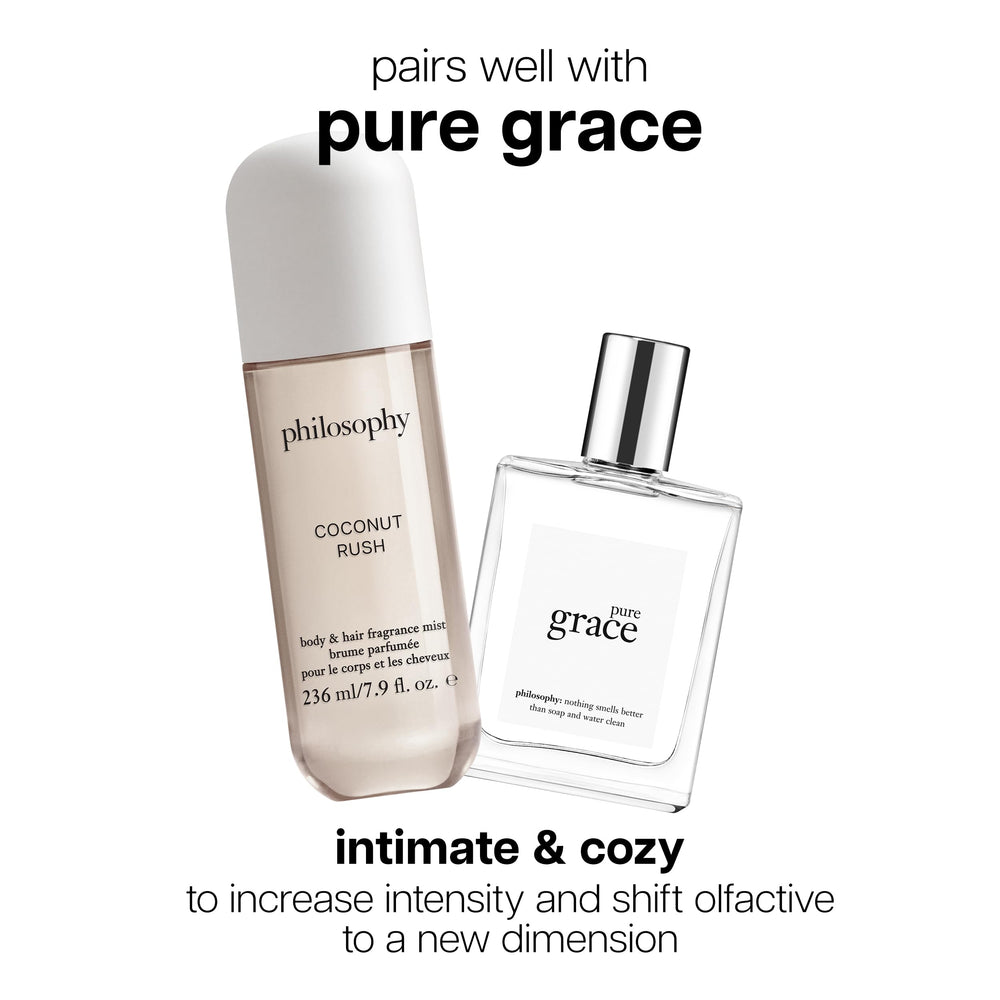 Philosophy Coconut Rush mist application on skin for quick refresh.
