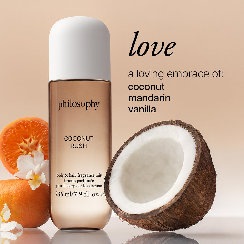Philosophy Coconut Rush mist dispense for easy spritzing.