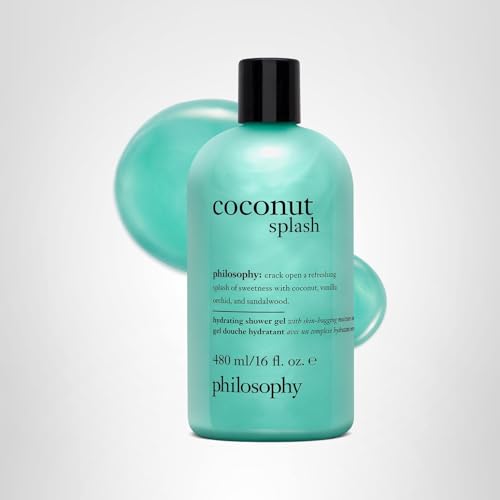 philosophy Coconut Splash Shower Gel bottle in bathroom with island breeze ambiance