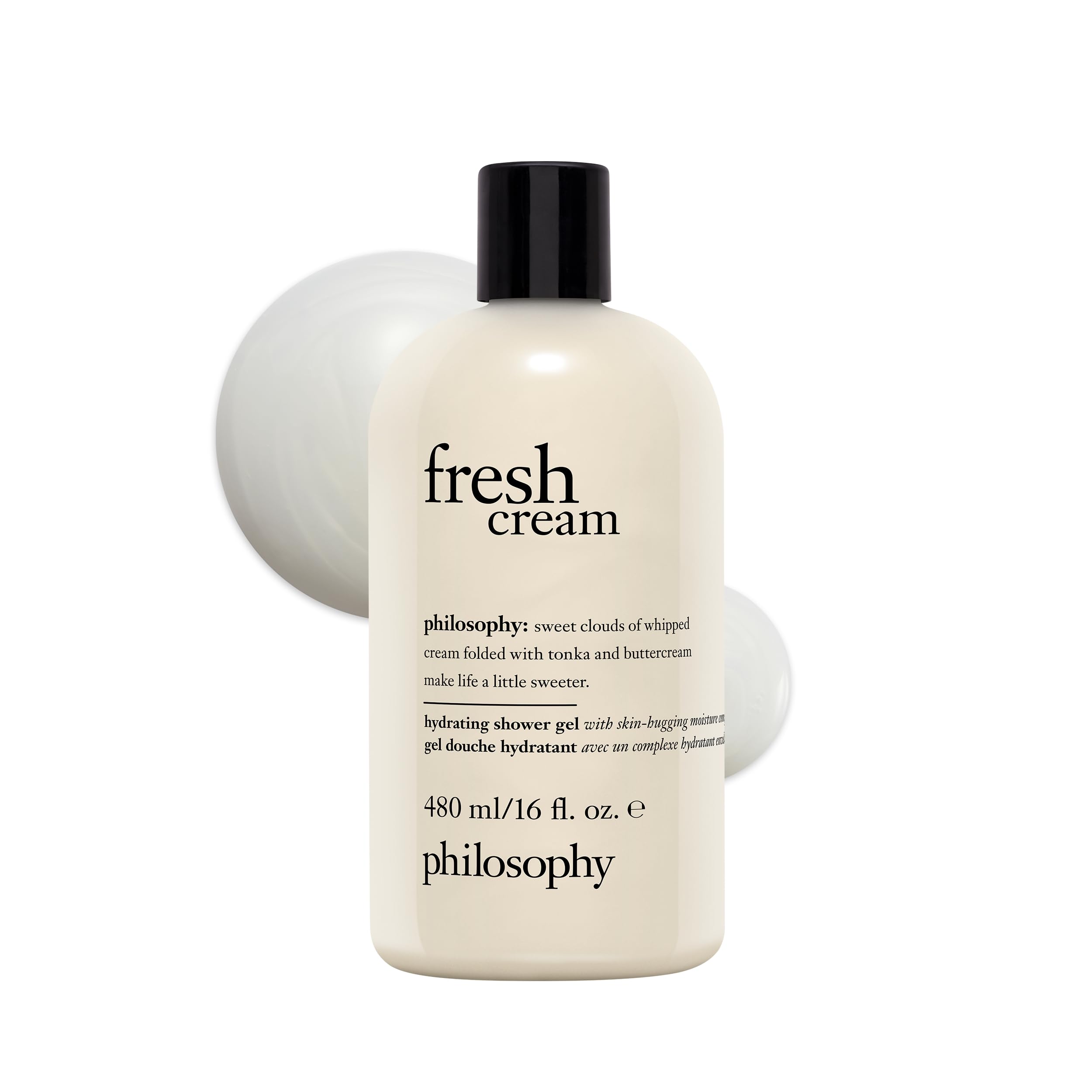 philosophy fresh cream shower gel bottle demonstrates creamy cleansing with hydrated skin feel.