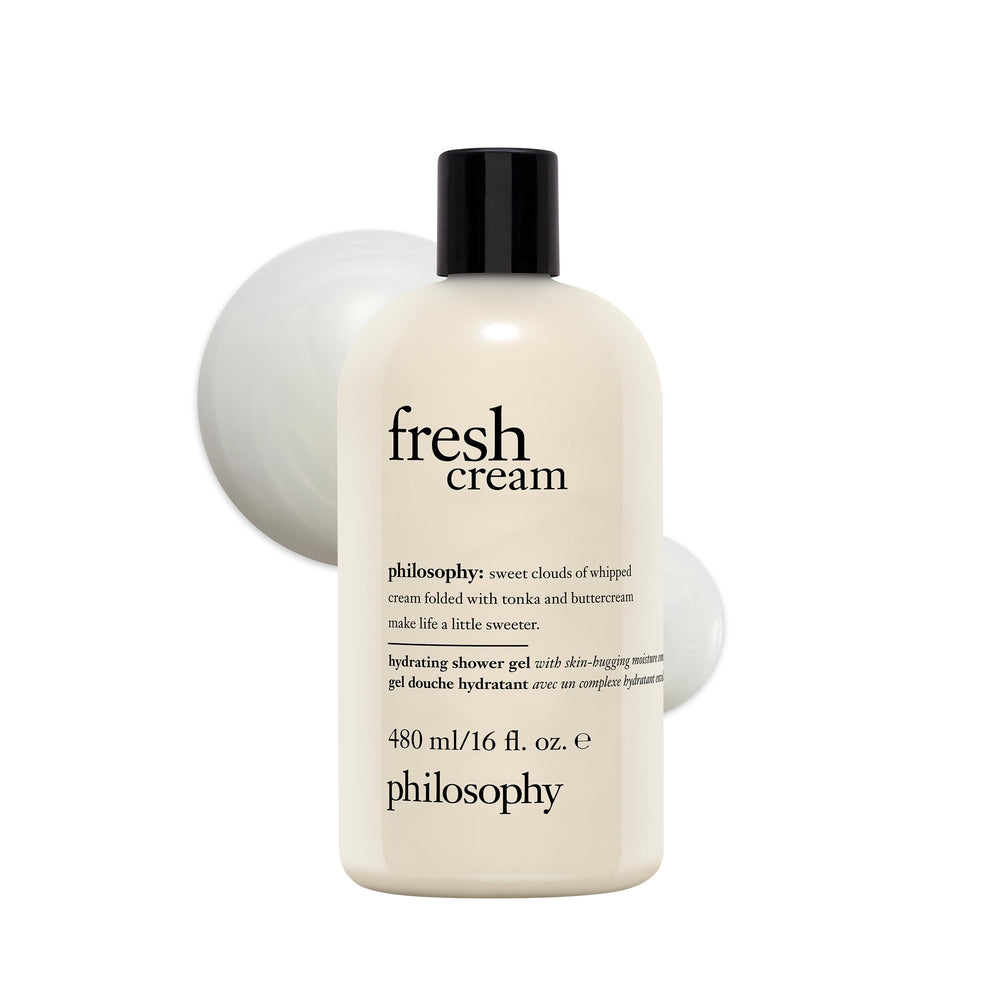 philosophy fresh cream shower gel bottle demonstrates creamy cleansing with hydrated skin feel.