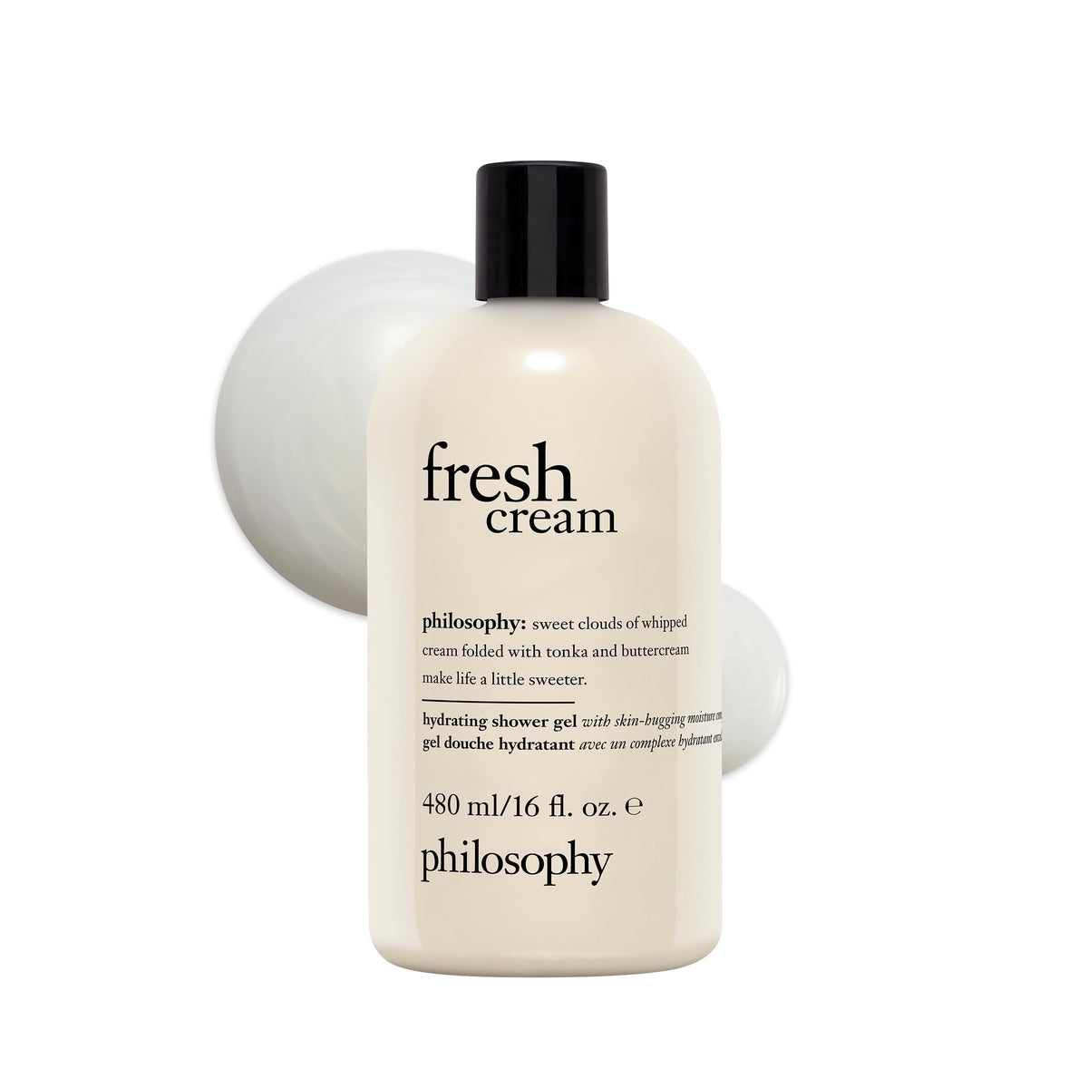 philosophy fresh cream shower gel bottle demonstrates creamy cleansing with hydrated skin feel.