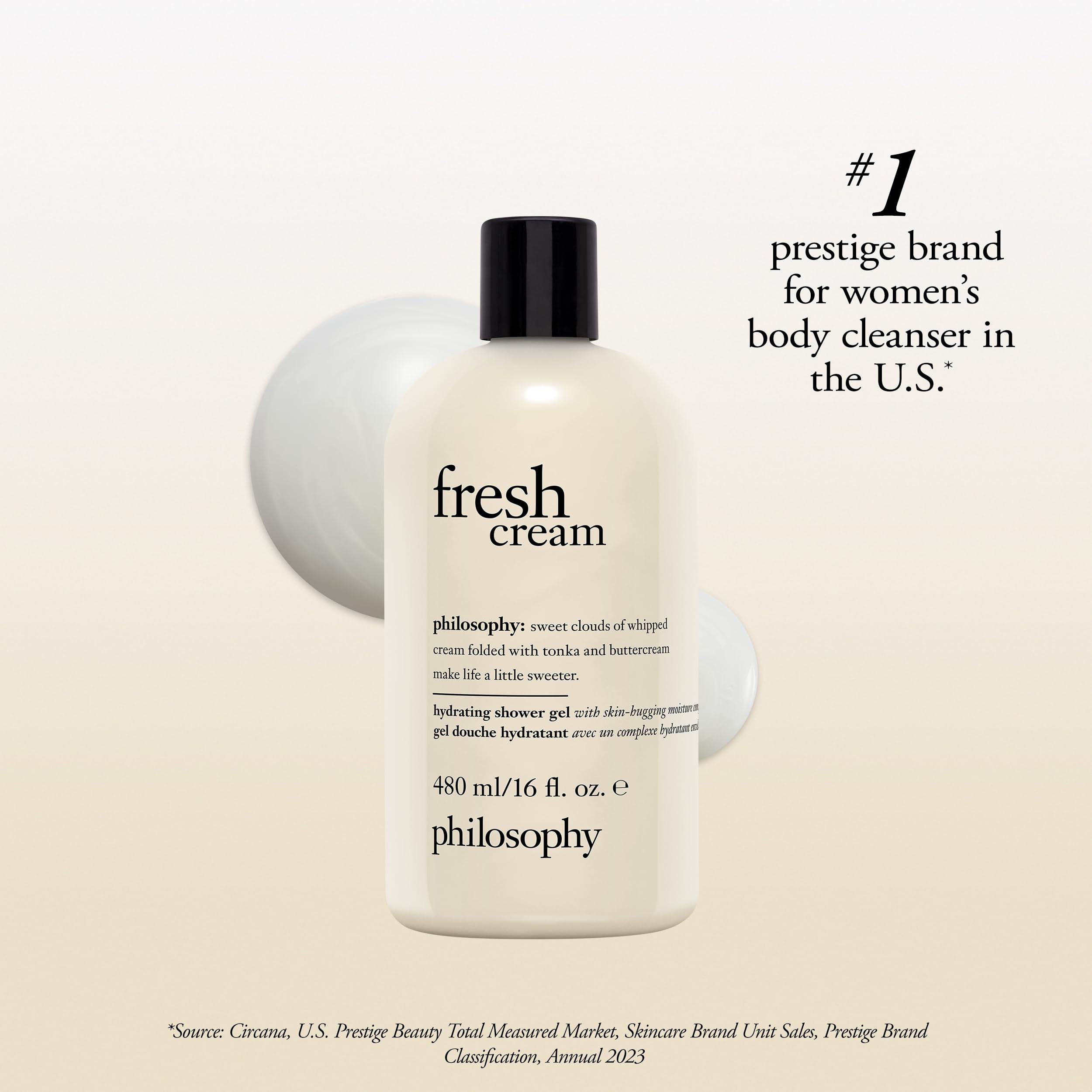 philosophy fresh cream shower gel creamy-lather spreads gently on wet skin.