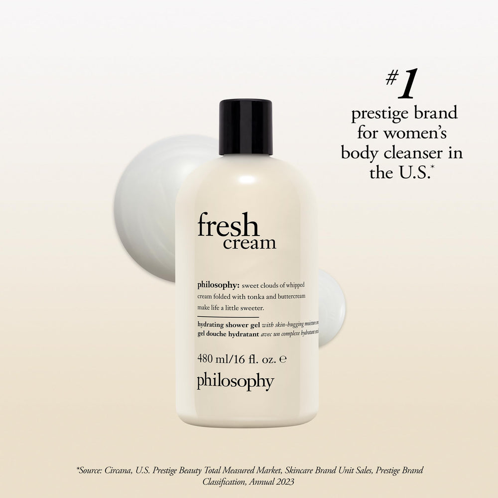 philosophy fresh cream shower gel creamy-lather spreads gently on wet skin.