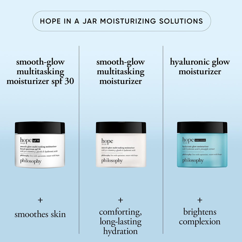 Philosophy Glow Water Cream packaging on display highlighting cooling feel.