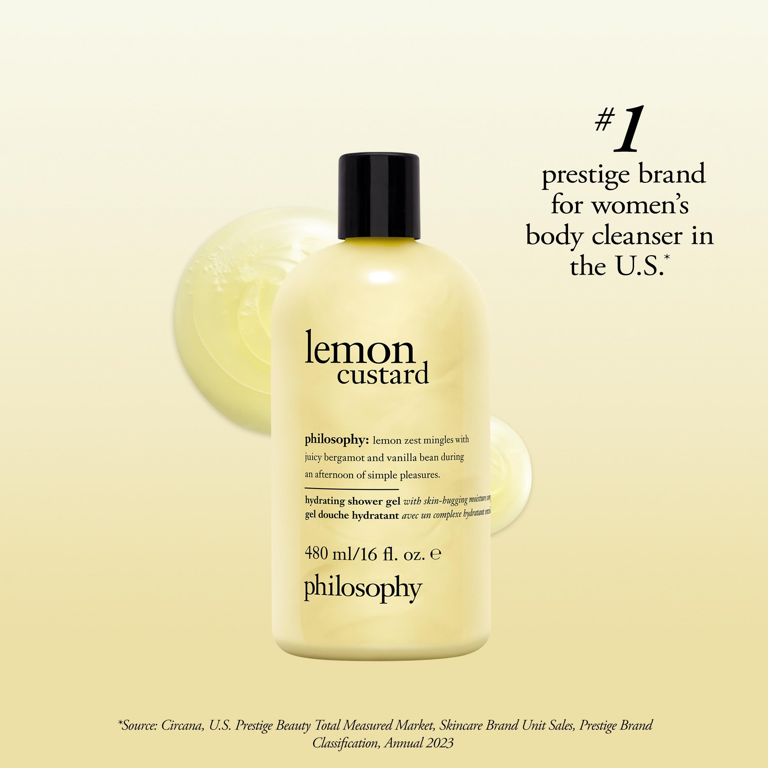 Philosophy Lemon Custard Shower Gel pump-dispense shows convenient, mess-free application
