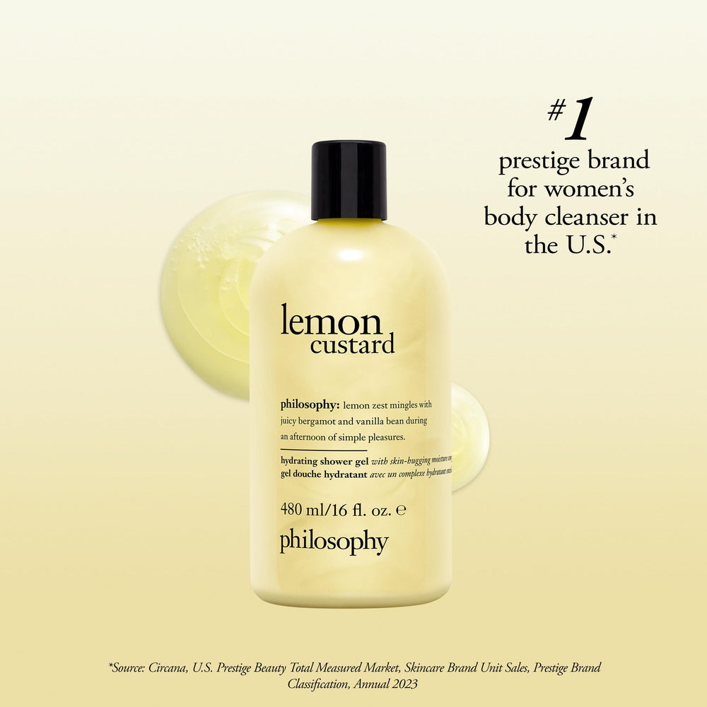 Philosophy Lemon Custard Shower Gel pump-dispense shows convenient, mess-free application