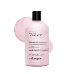 Philosophy pink frosted animal cracker shower gel bottle closeup highlighting hydrating formula for dry skin