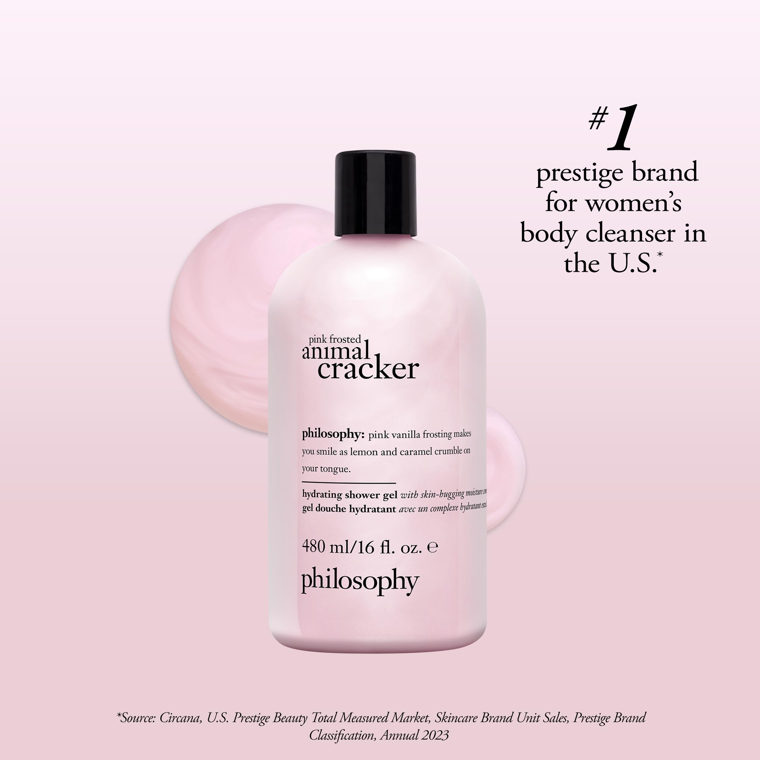 Philosophy shower gel bottle with pink frosted animal cracker design showing moisture complex