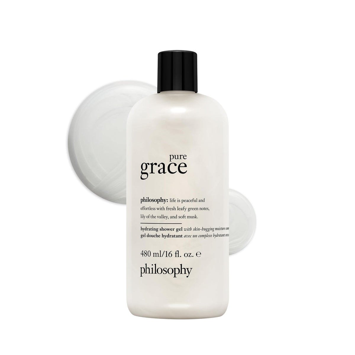 Philosophy Pure Grace bottle pour, delivering a refreshing cleanse with airy scent.