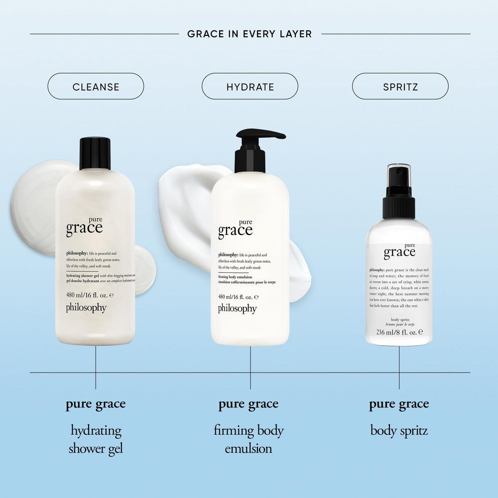 Philosophy Pure Grace spray mist in use for even, light coverage.