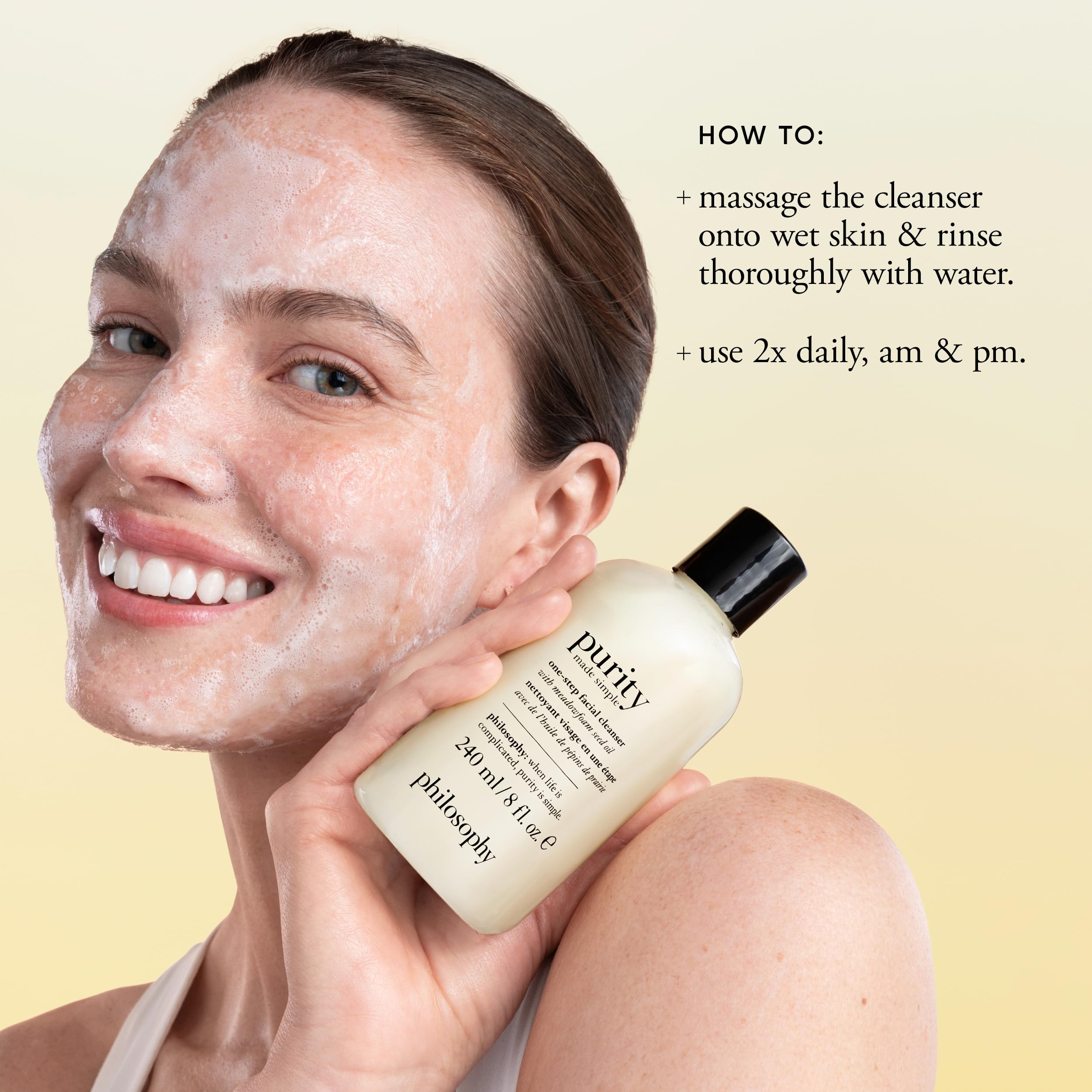 Philosophy Purity Made Simple cleanser in hand shows makeup removal efficiency