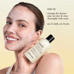 Philosophy Purity Made Simple cleanser in hand shows makeup removal efficiency