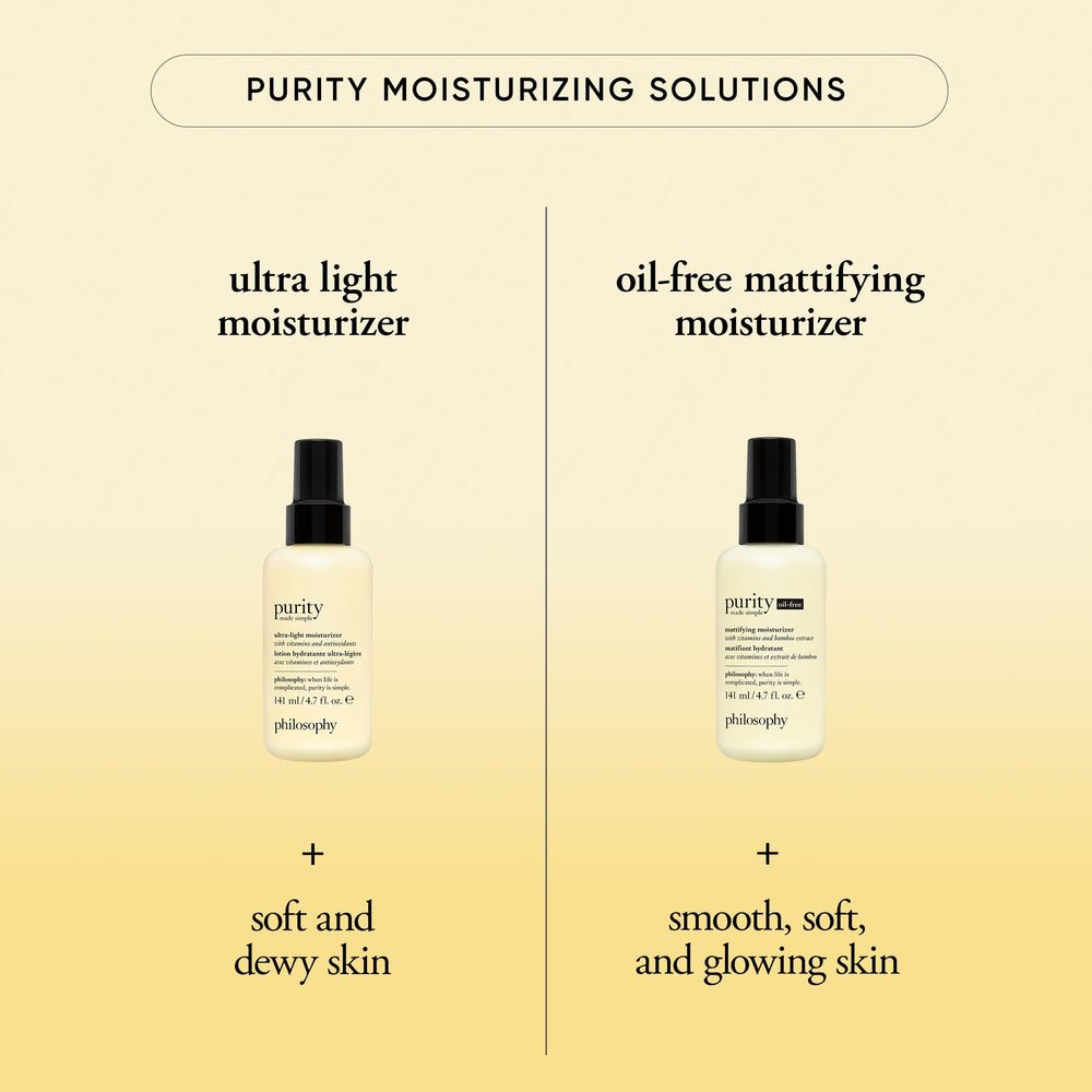 Philosophy Purity Made Simple Pore Ultra-Light Moisturizer 24-hour hydration on skin.