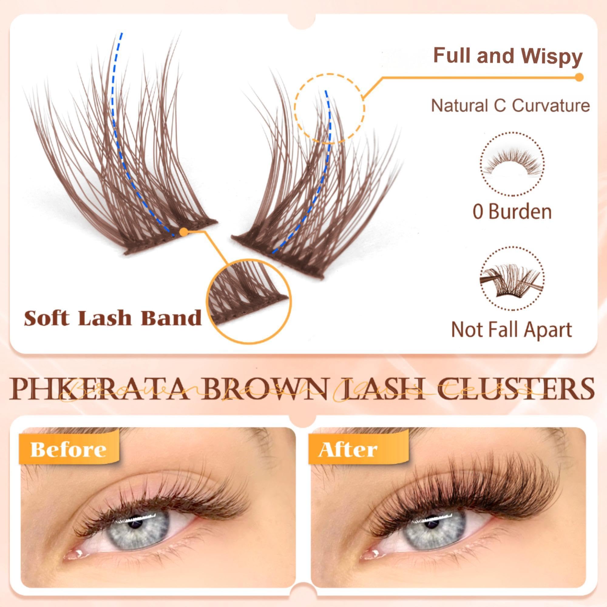 PHKERATA wispy brown lashes in 14-16mm for an elongated eye look