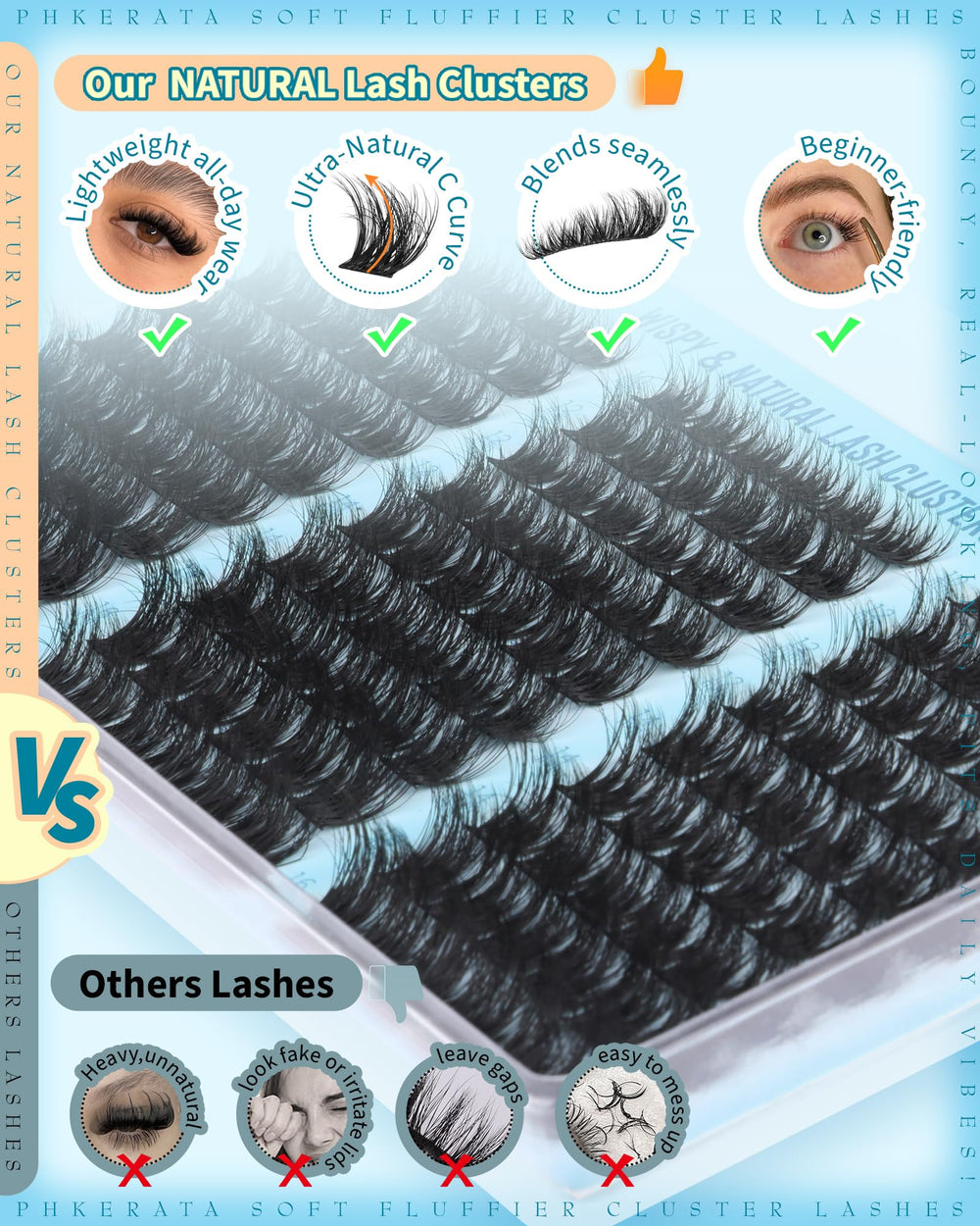 PHKERATA cruelty-free vegan fibers provide durable, reusable lash clusters.