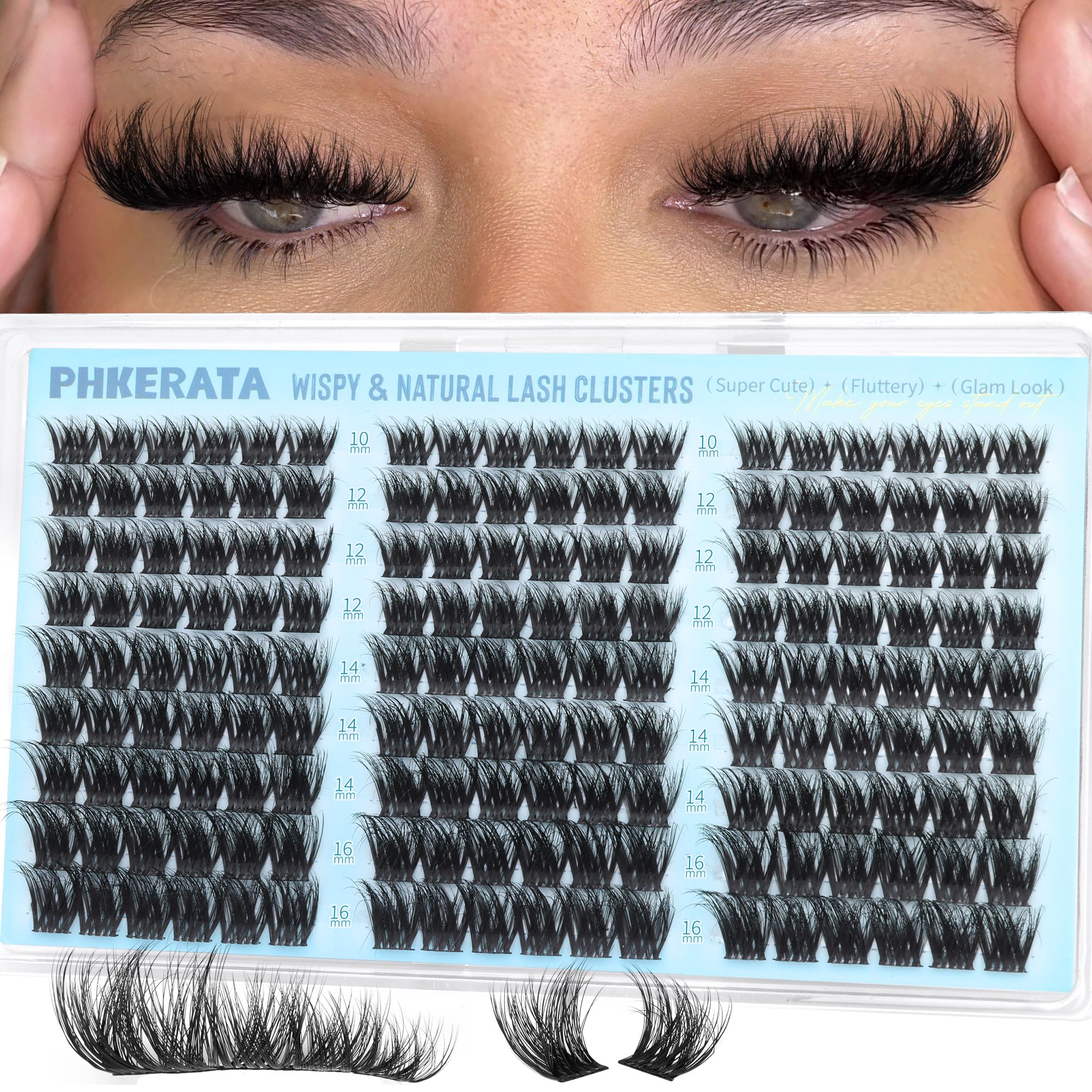 PHKERATA fluffy lash clusters with wispy natural C curl for dimensional volume.